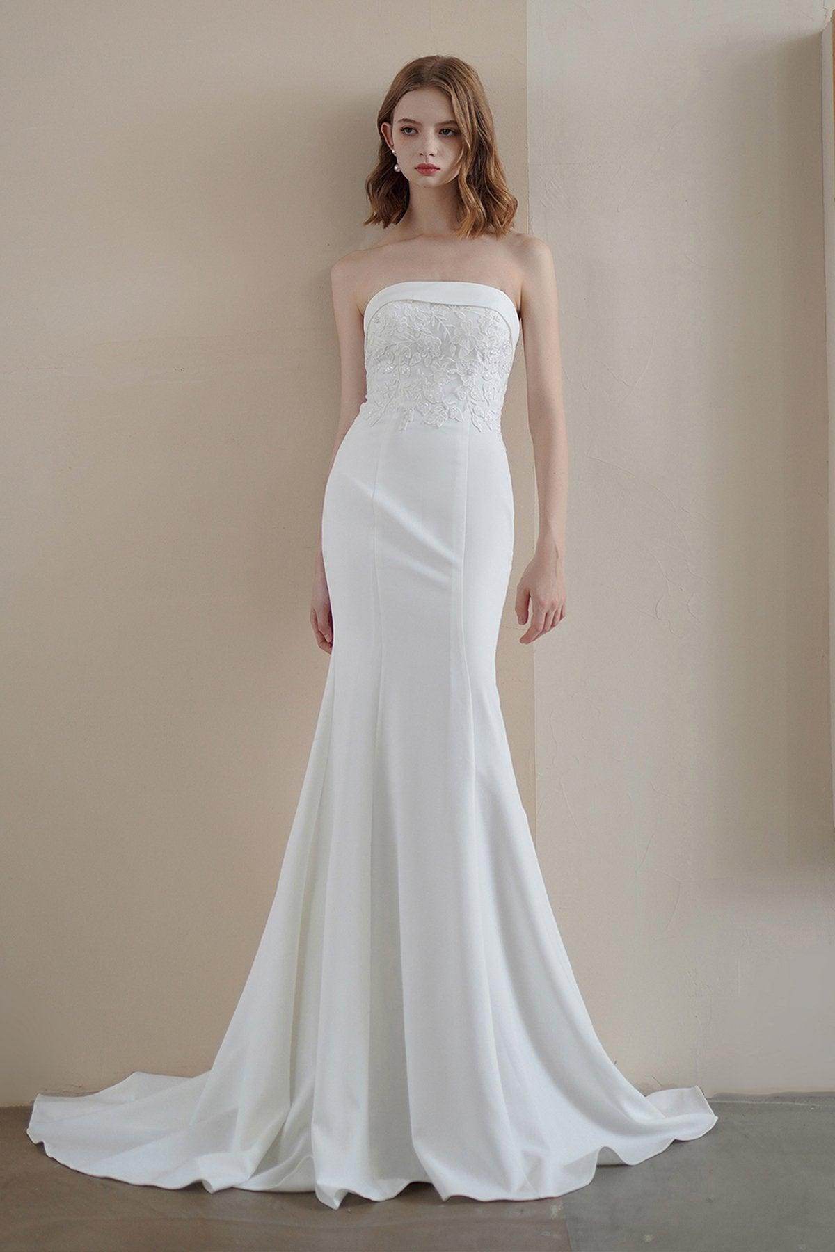 Trumpet Sweep-Brush Train Stretch Satin Lace Wedding Dress CW3217 - COCOMELODY